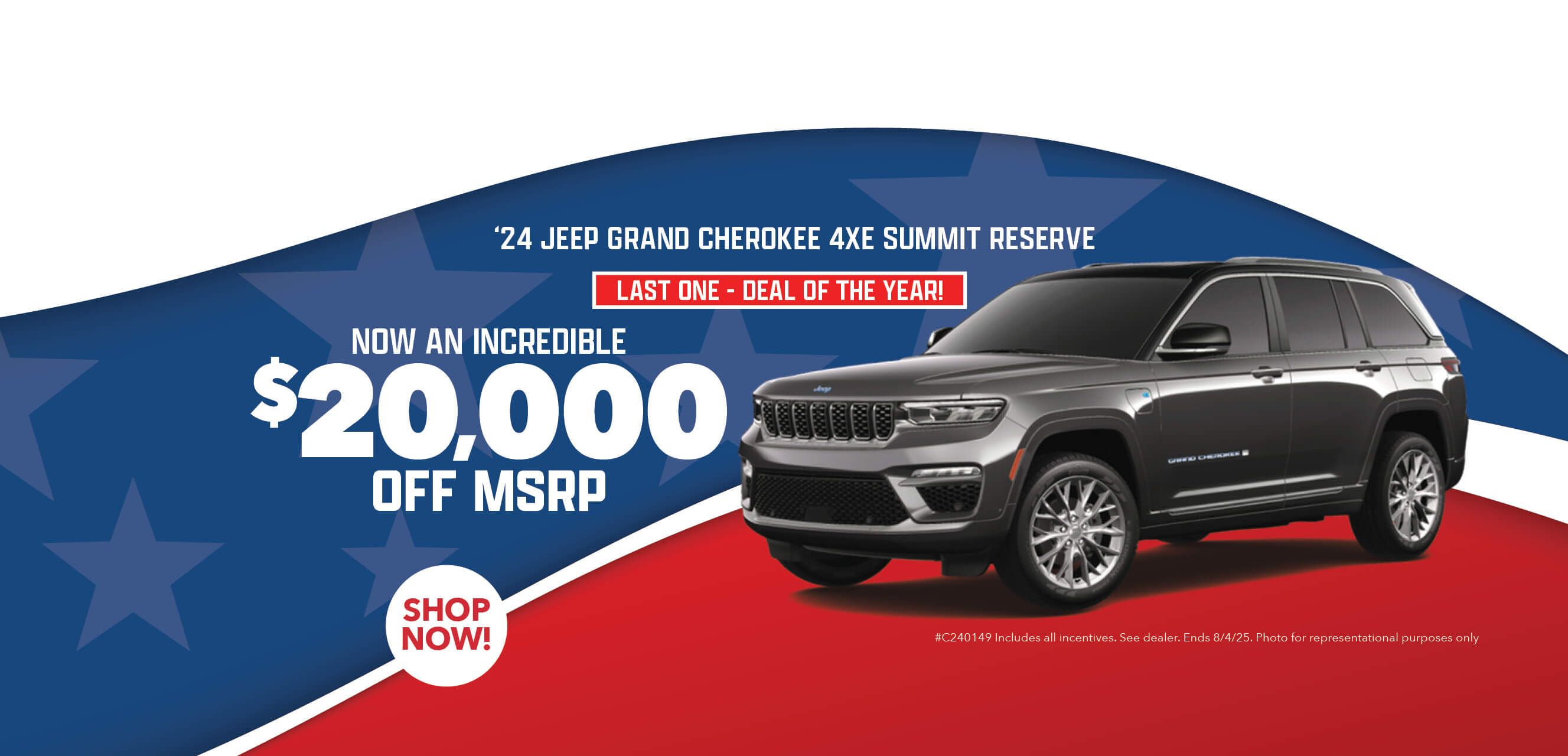 Gray SUV with advertising slogans: Employee Pricing Plus event at Behlmann! Now up to $20,000 off MSRP on 2024 Jeep Grand Cherokee 4XE Summit Reserve.